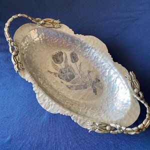 Hammered Aluminum Serving Tray With Floral Engraving & Ornate Handles